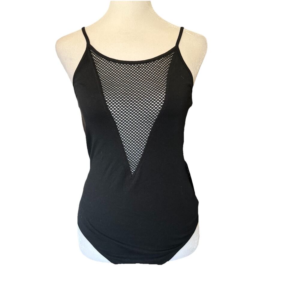 NWT Express Womens Small Bodysuit Top Vneck Mesh Black Snap Spaghetti Strap